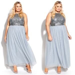 CITY CHIC Shine Bright Maxi Dress in Blue Aquamarine Sequins Tulle Size 14 NEW